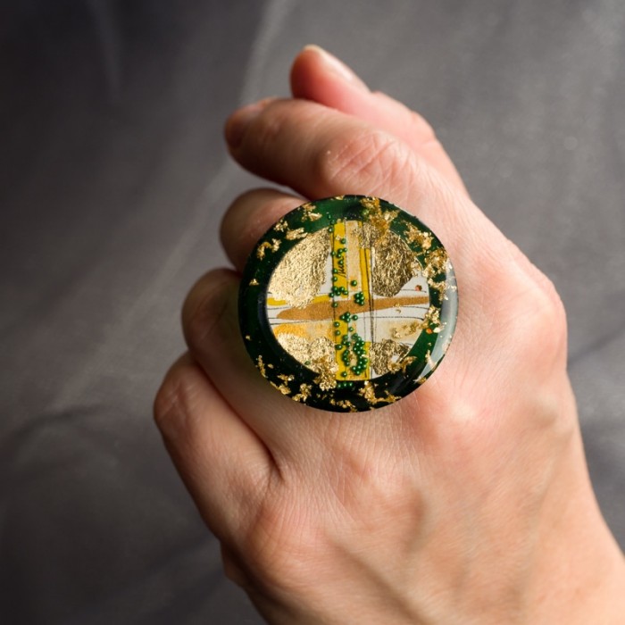 biżuteria artystyczna ręcznie malowany pierścionek złoto zielony